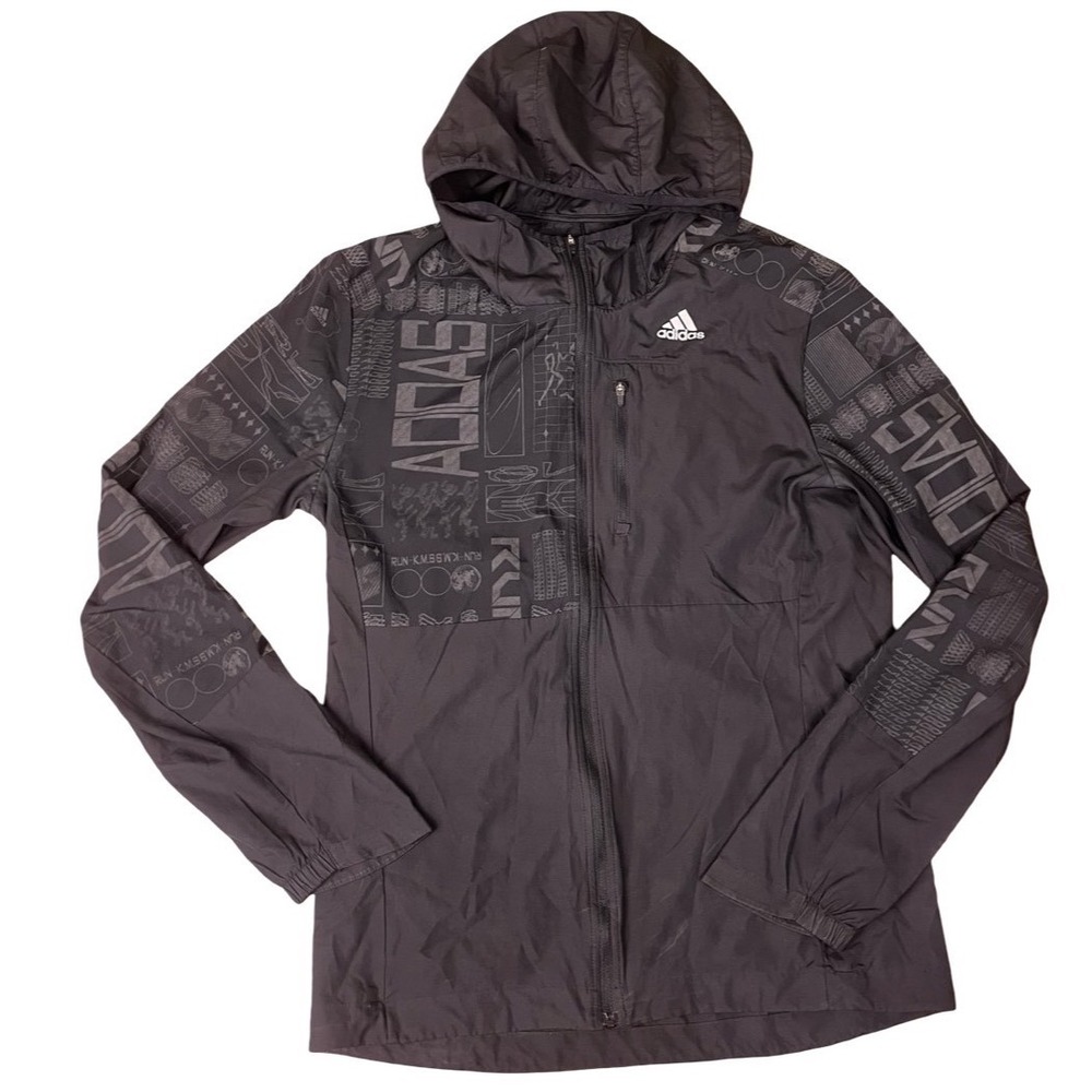 Adidas Running Windbreaker Jacket Mens Small Black Graphic Print Hooded Full Zip